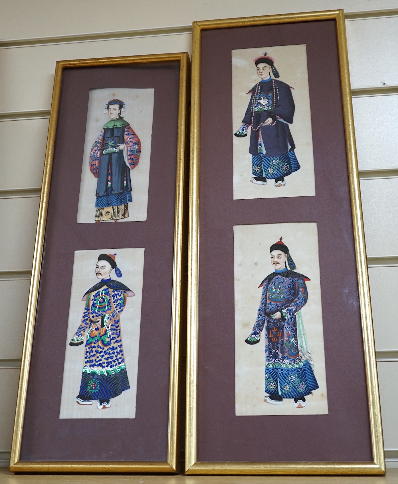 19th century Chinese School, four gouache on pith paper, Studies of noble men, largest 20 x 8.5cm, framed as two